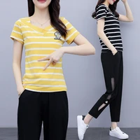l 5xl 2020 summer new large size v neck fashion small daisy embroidered striped t shirt nine points pants suit xxxxxl