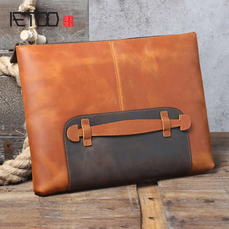 AETOO Simple retro first layer leather clutch, large-capacity men's clutch, handmade leather computer file bag