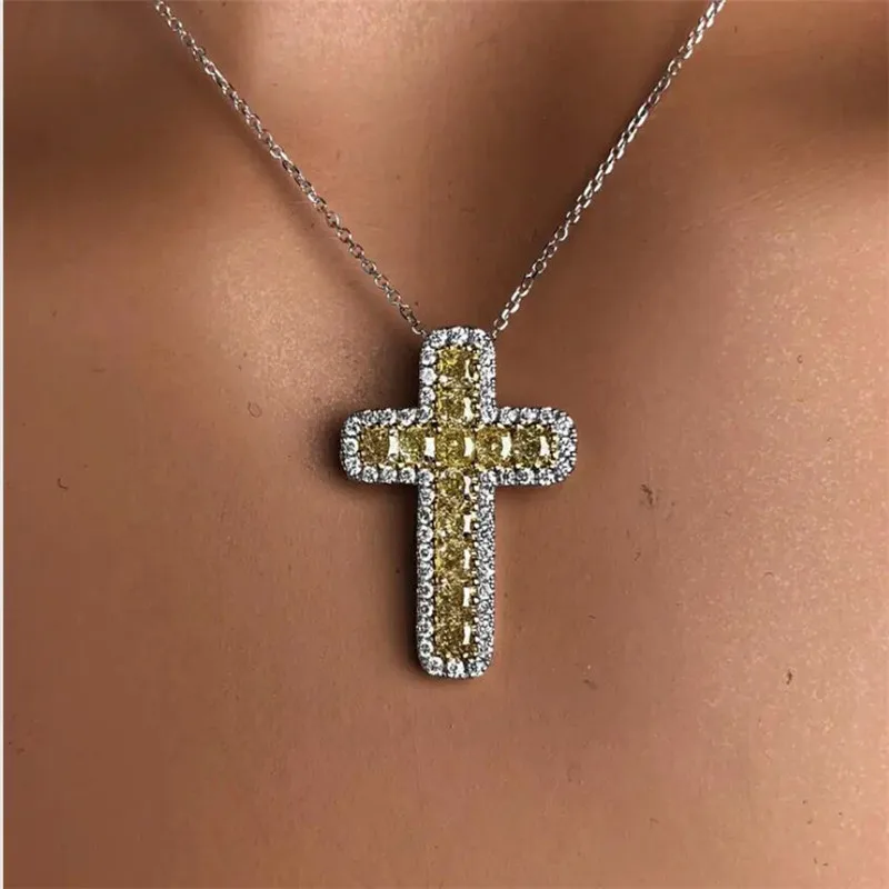 

Hip Hop Vintage Jewelry 925 Sterling Silver Fill Full Yellow CZ Crystal Gemstones Cross Pendant Party Women Clavicle Necklace