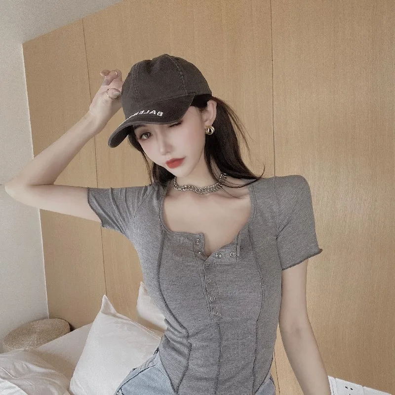 

2021 Summer New Internet Celebrity Skinny Slimming Short-Sleeved T-shirt Female Ins Trendy Solid Color Thread Stretch Irregular