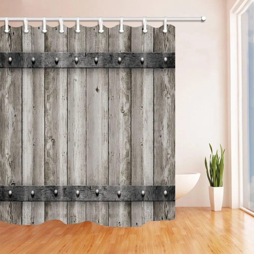 Деревенская деревянная дверь с металлической текстурой занавеска для ванной