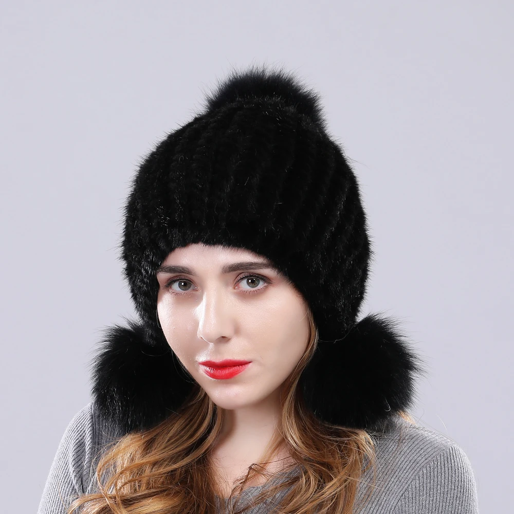 Зимняя женская шапка из натурального меха норки лисы помпонами теплая с ушами
