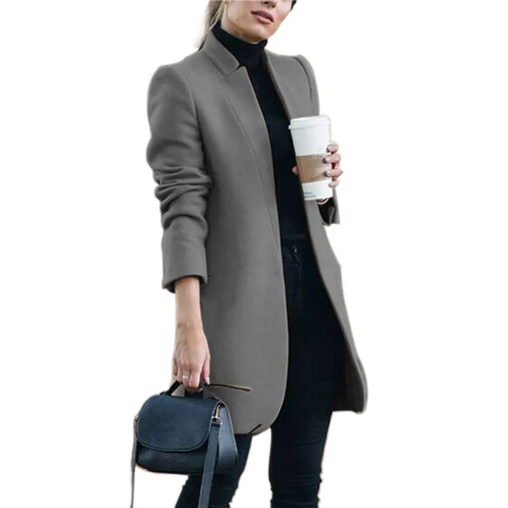 

Fashion Trench Stand Collar Tops Outwear Ladies Long Women Wool Coat Outdoor Winter Warm Slim Fit Office Solid Elegant Shopping