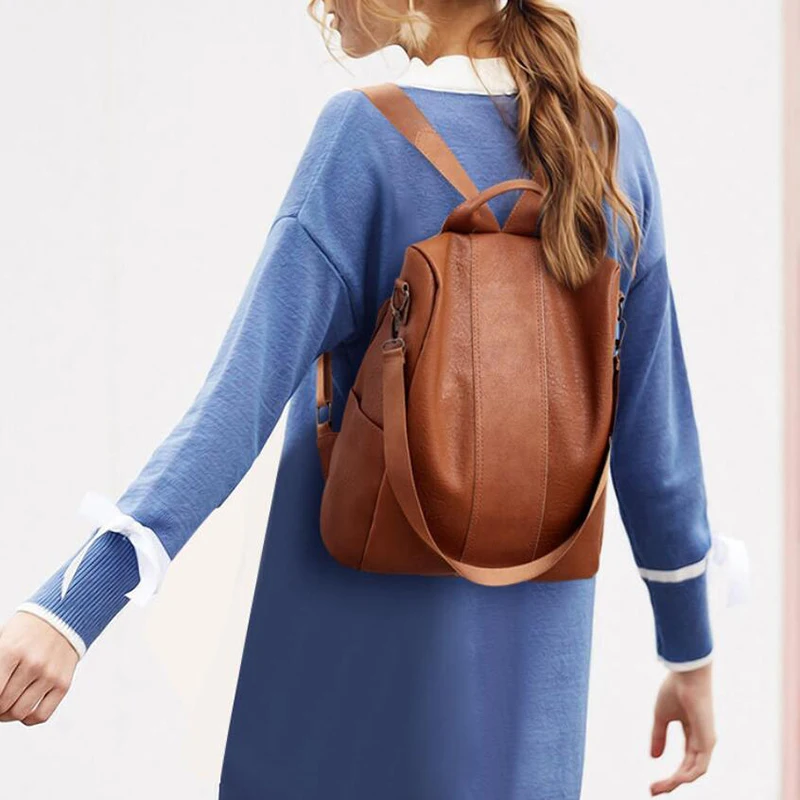 

GAOKE Female Anti-Theft Backpack Classic Pu Leather Solid Color Backpack Canta Fashion Shoulder Bag