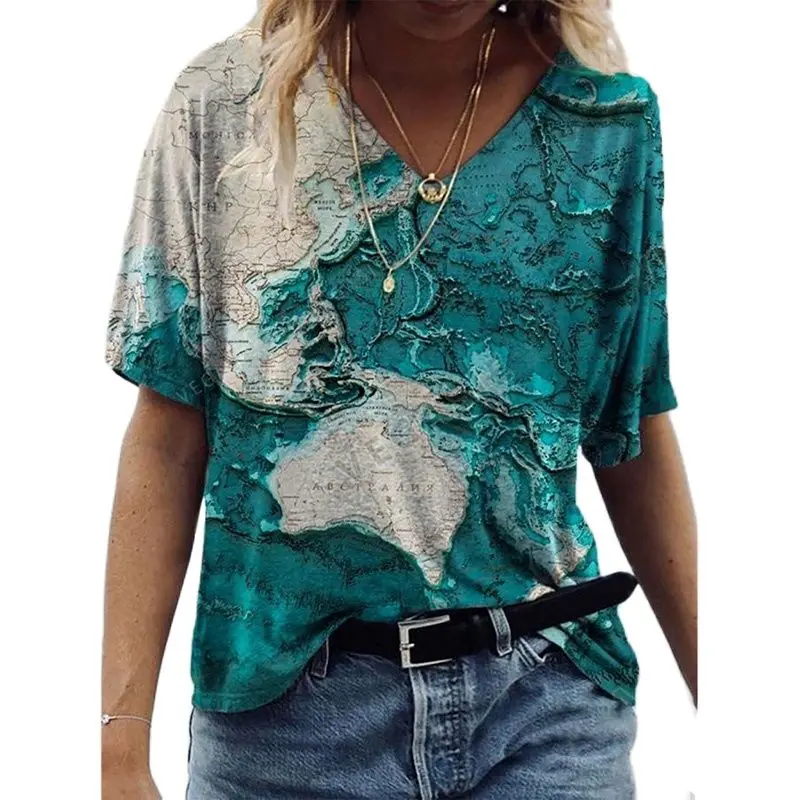 

Fashion Vintage Map Floral Print Blouses Women Elegant O Neck Short Sleeve Shirts 2021 Spring Summer Loose Casual Tops Pullover