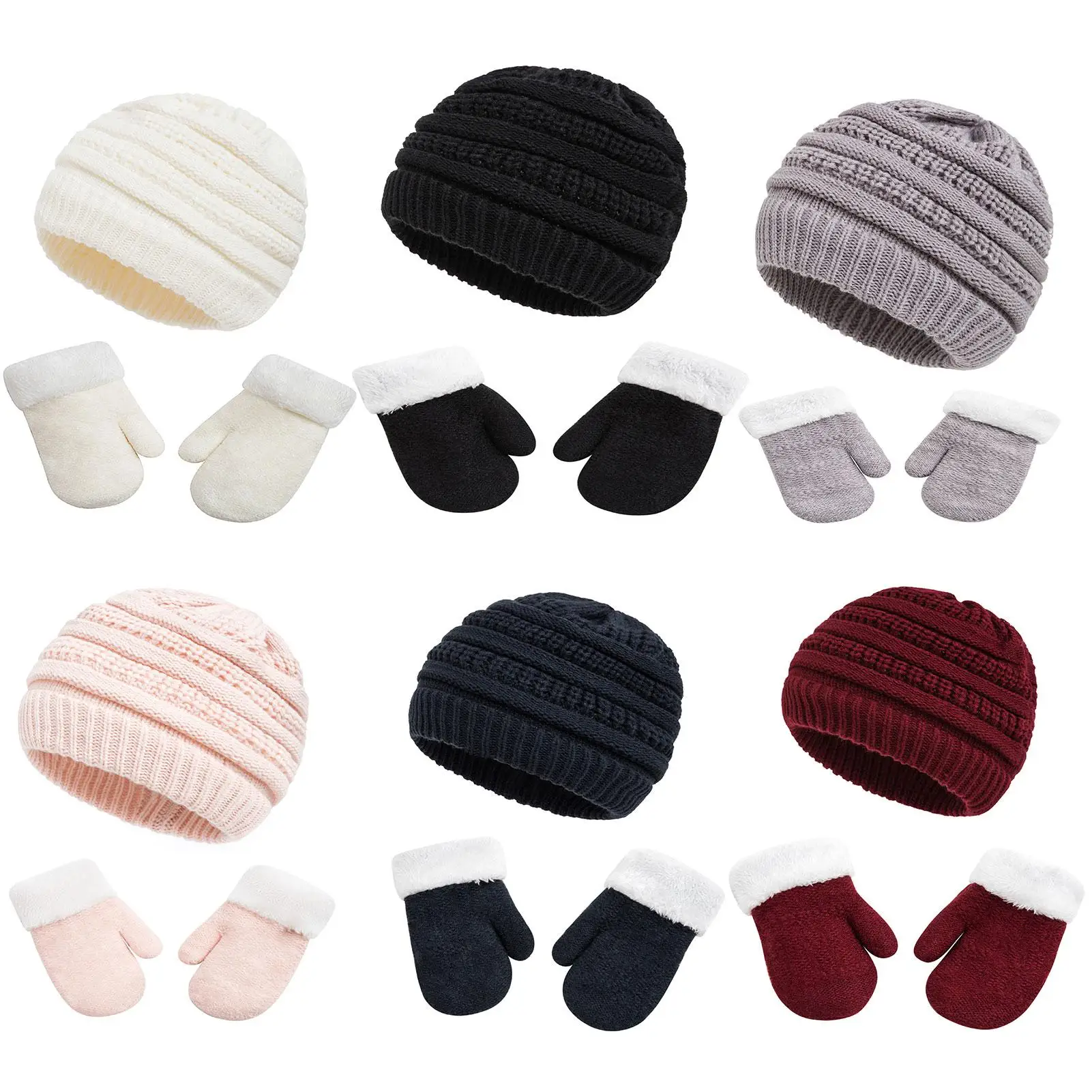 

Hat winter women's Thickened Warm Solid Color Children Beanie Pompom Mitten Hat Gloves Set Boy Girls Outdoor Ski 2 Piece Sets