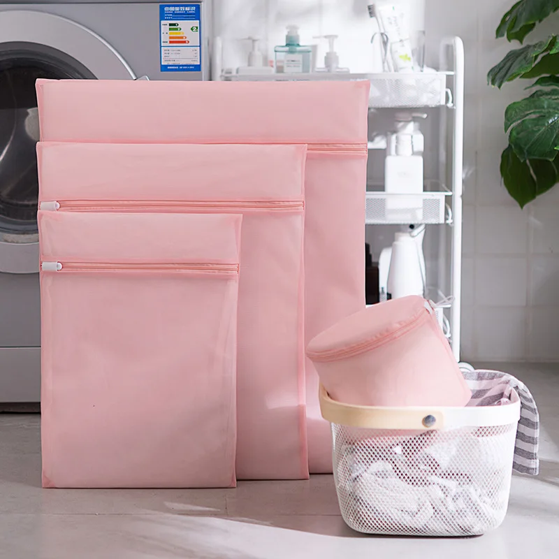 

5 Pieces/lot Laundry Bag Pink Zippered Polyester Travel Storage Lingerie Mesh Washing Net Bag Washing Machine Organizer Bra Bag
