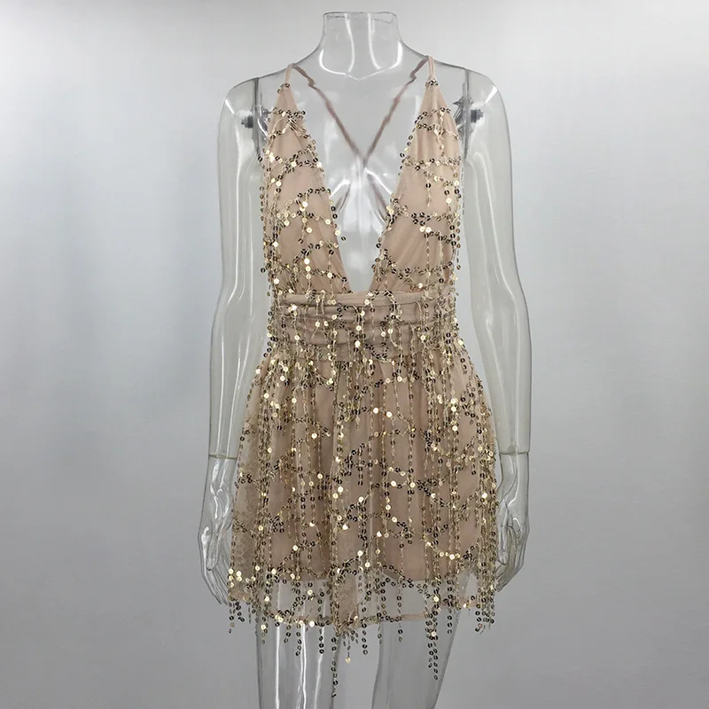 

New style suspender nightclub Sequin deep V-neck sexy strap open back swing dress skirt
