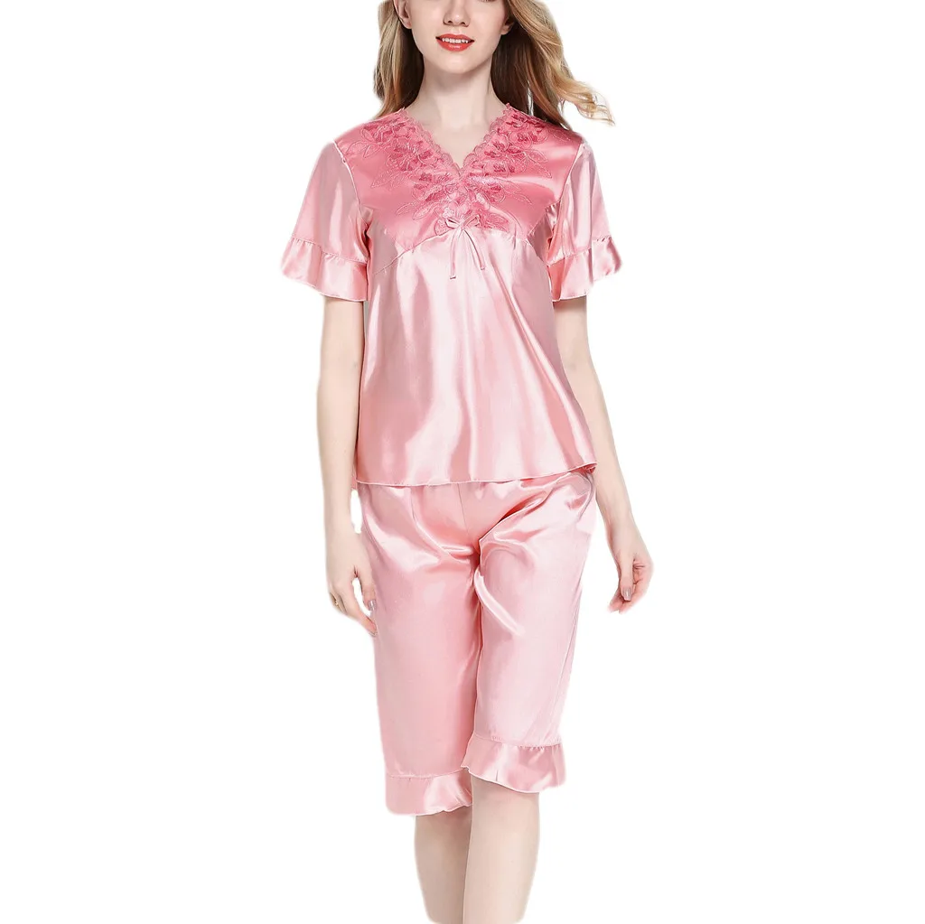 JAYCOSIN Hot Women Sleepwear Pyjama Sets Strap Lace Trim Satin Nightwear Femme Sexy Home Plus Size Short Sleeve | Женская одежда