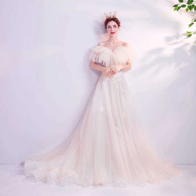Sexy Off Shoulder Lace Up Court Train A-Line Wedding Dress 2020 Luxury Flowers Appliques Princess Bride Gown Robe De Mariage | Свадьбы и
