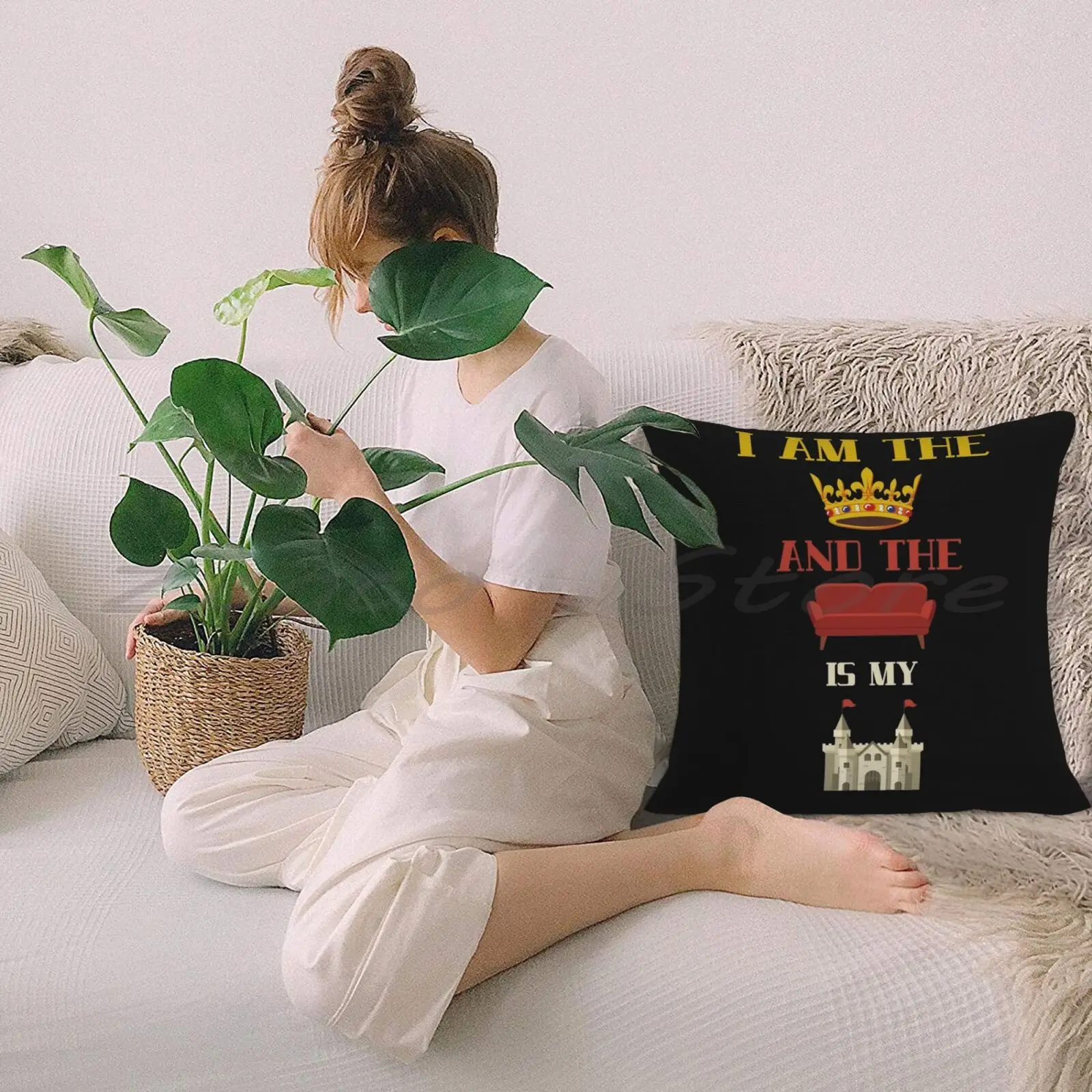 Наволочка из льняной бархатной ткани с принтом Я король/королева и диван-это мой