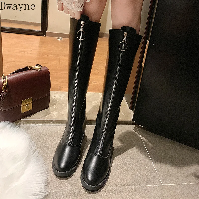 2019 autumn winter new long boots women European American fashion front zipper handsome knight thick with knee-High | Обувь