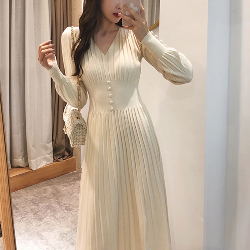 

Повседневное женское платье до середины икры с V-образным вырезом, Женское зимнее облегающее модное корейское эластичное вязаное платье-пу...