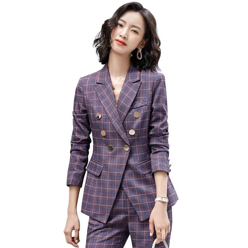 

Pant Suit Women Fashion Two Piece Set Red White Black Slim Button Decoration Blazer Coat Jacket With Trouser For Office Lady