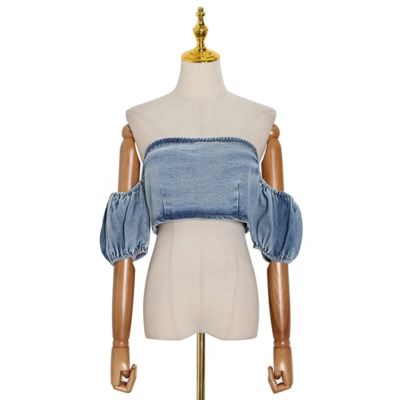 

Tide brand summer new fashion sexy shoulder bubble sleeve navel short denim jacket women tide
