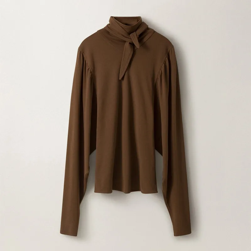 

100% Cotton Scarf Collar Tee Simple Long Sleeve Solid Color T-shirt Top