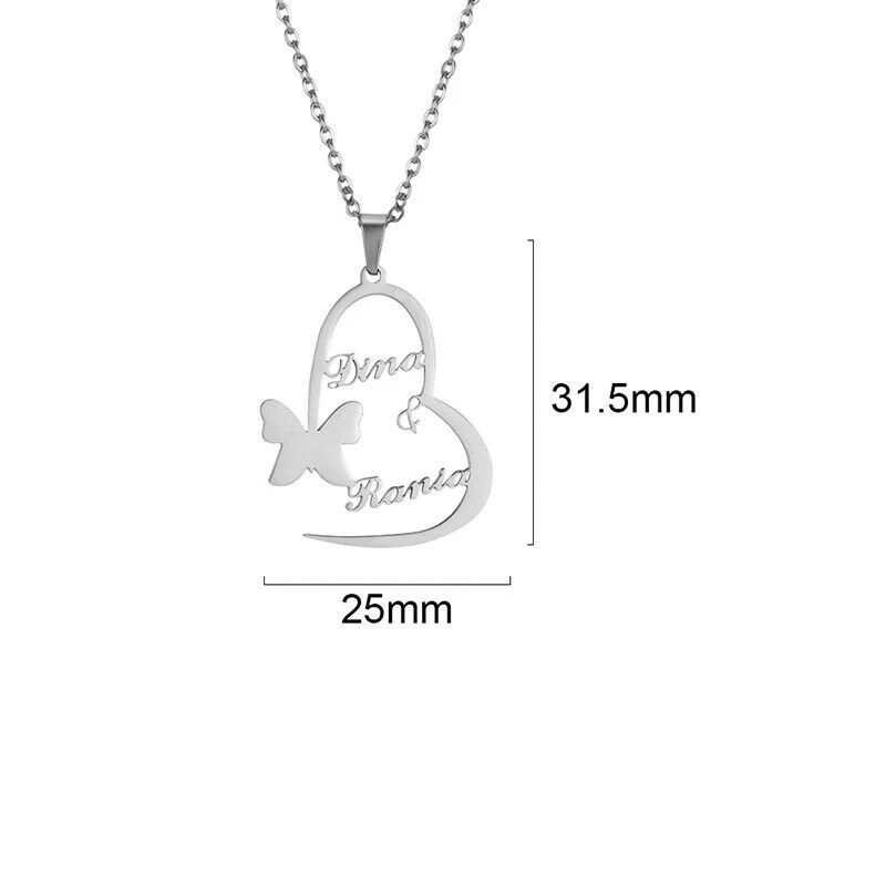 

Sherman Customized Butterfly Heart Double Name Necklace Stainless Steel Pendant Couple Gift Women's Jewelry