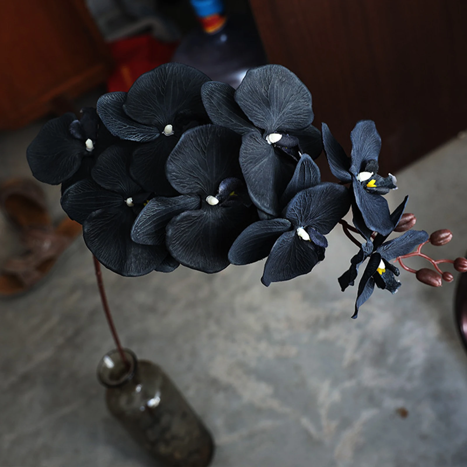 

Искусственные сухие цветы, шелковая ткань, украшение для дома, 8 головок, железная проволока, черная Орхидея