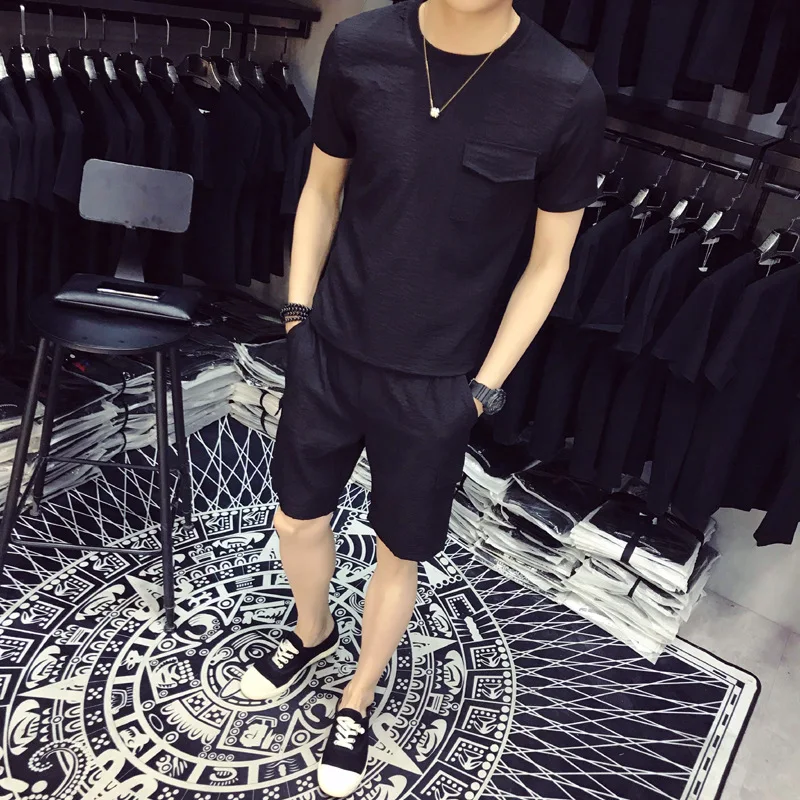 

Summer Men's Short Sleeve T-Shirt Casual Set Sportswear Solid Color Striped Pocket Youth