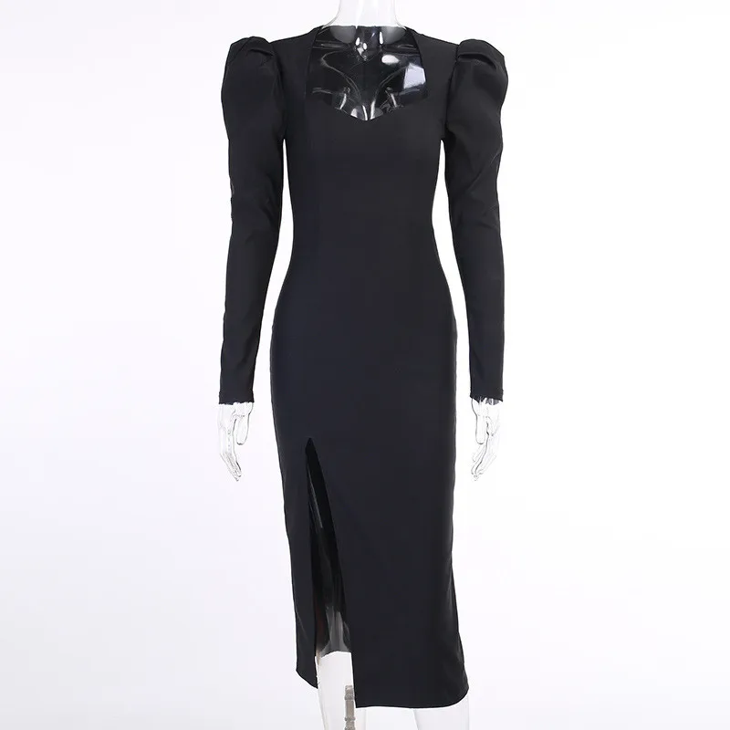 

2020 Dress Women Office Lady Solid Puff Sleeve Sexy Club Square Collar Split Bodycon Partywear Long Female Dresses Vestidos Robe