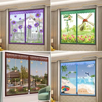 Home Zipper Opening Insect Anti-Mosquito Net Cartoon Summer Bed Bathroom Window Curtain Embroidery Flower Mesh Air Tulle Screen