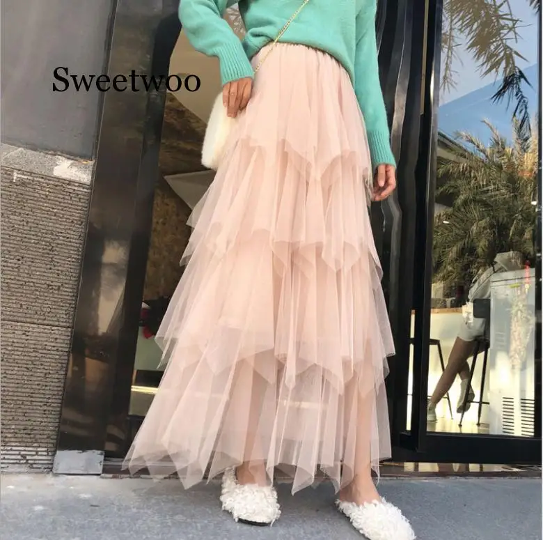 Женская Асимметричная фатиновая юбка модная эластичная сетчатая юбка-пачка с