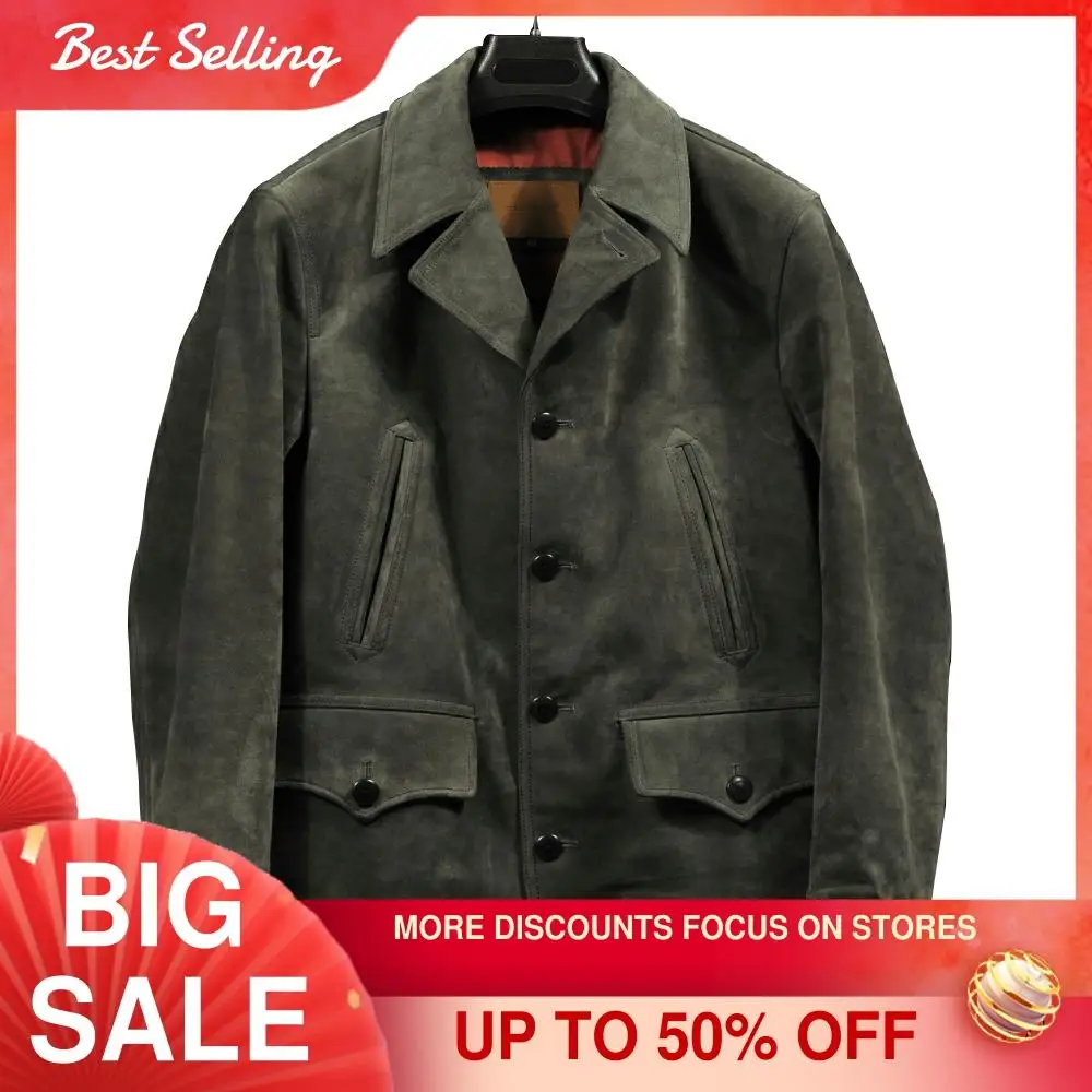 

2021 Grey Japan Casual Style Genuine Leather Jacket Men Single Breasted Plus Size 3XL Real Natural Cow Suede Autumn Slim Coat