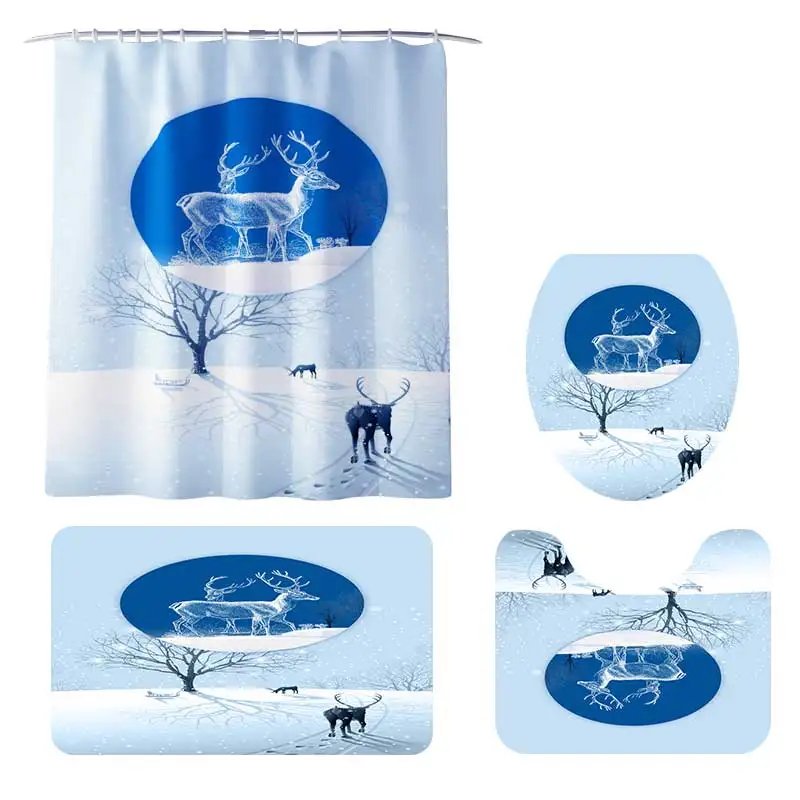 

4PCS Christmas Bathroom Set Elk Snow Scene Shower Curtain Floor Non slip Mat Washroom Toilet Seat Bathroom Dropship***