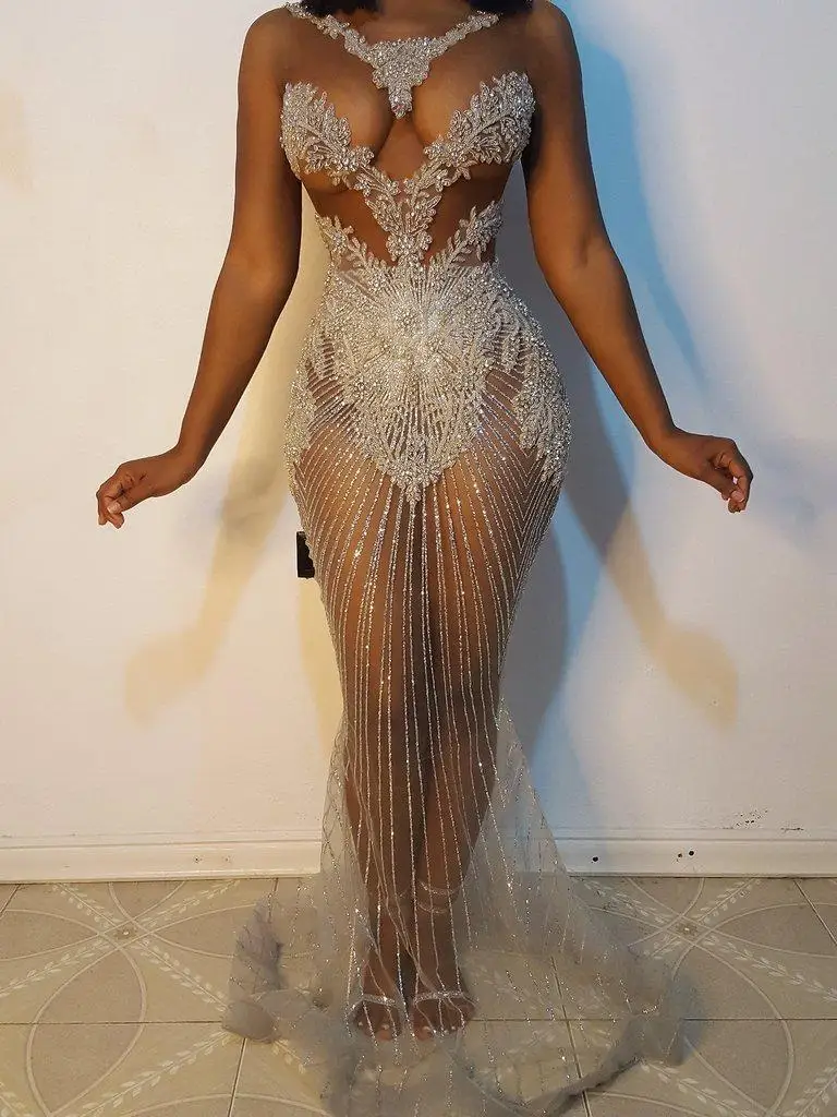

Sparkly Illusion Mermaid Prom Dresses 2021 Arabic African Luxurious Beaded Crystal Plus Size Women Formal Evening Party Gowns