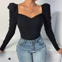 zogaa elegant square collar women autumn shirts solid color puff sleeve slim blouses tops sexy v neck long sleeve shirt 2021 new