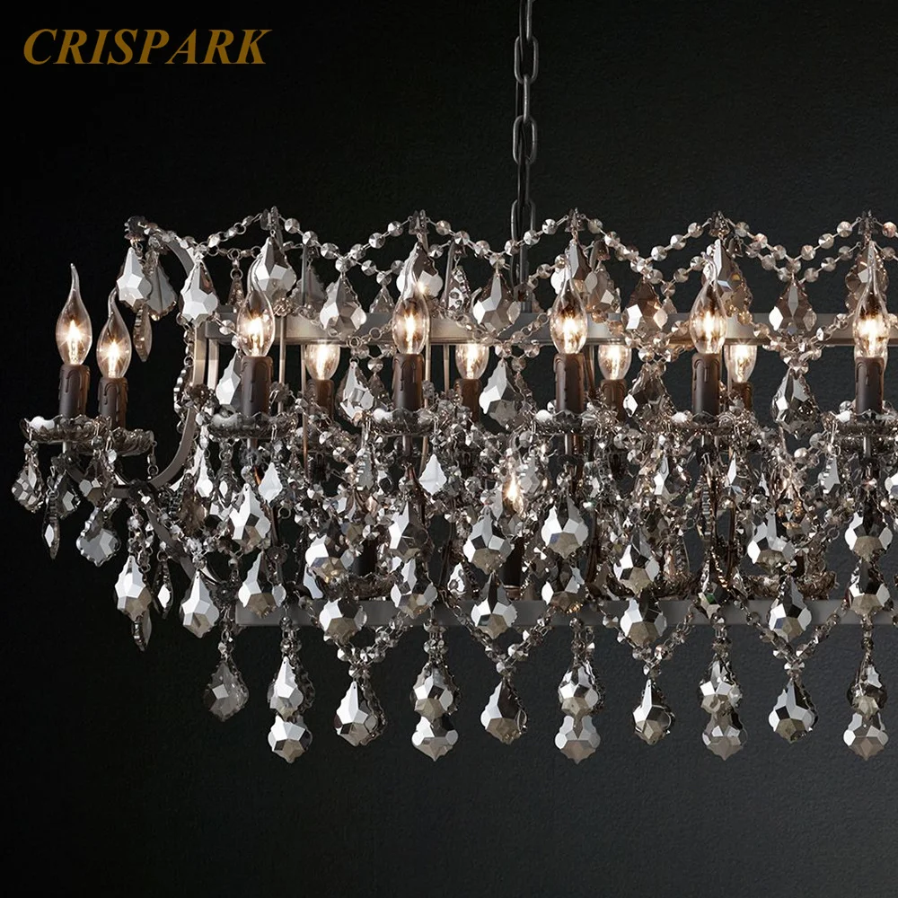 

19th C. Rococo Iron & Crystal Chandelier Classical Rectangular Boat Decorative Pendant Hanging Lamp Lights Fixture