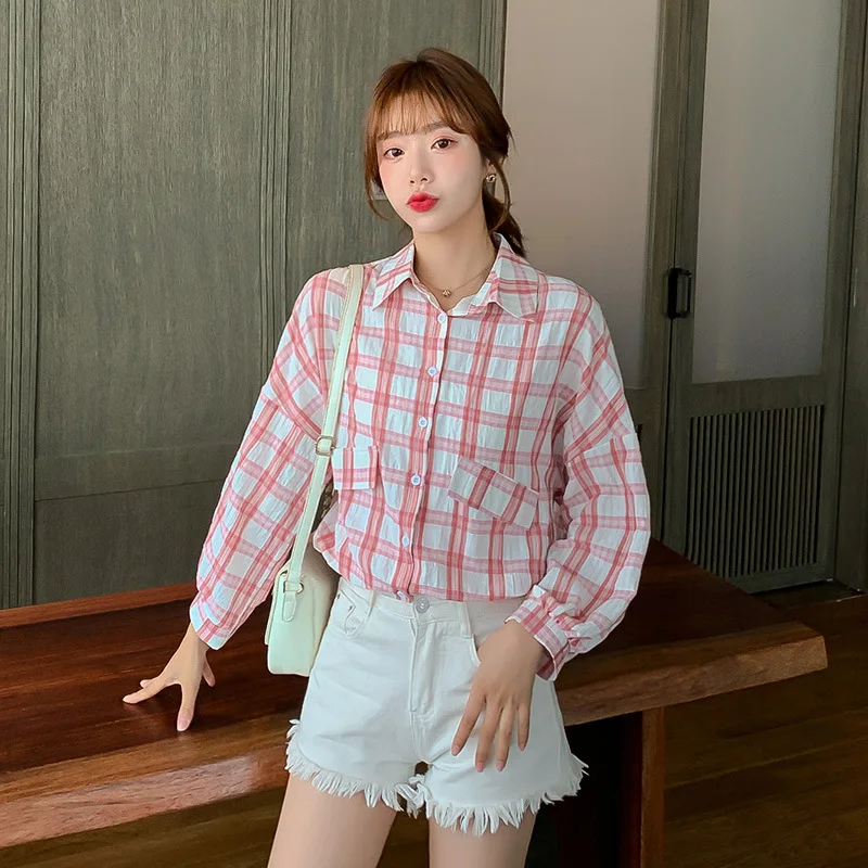 Рубашка женская в клетку модная блуза с длинным рукавом свободная офисная