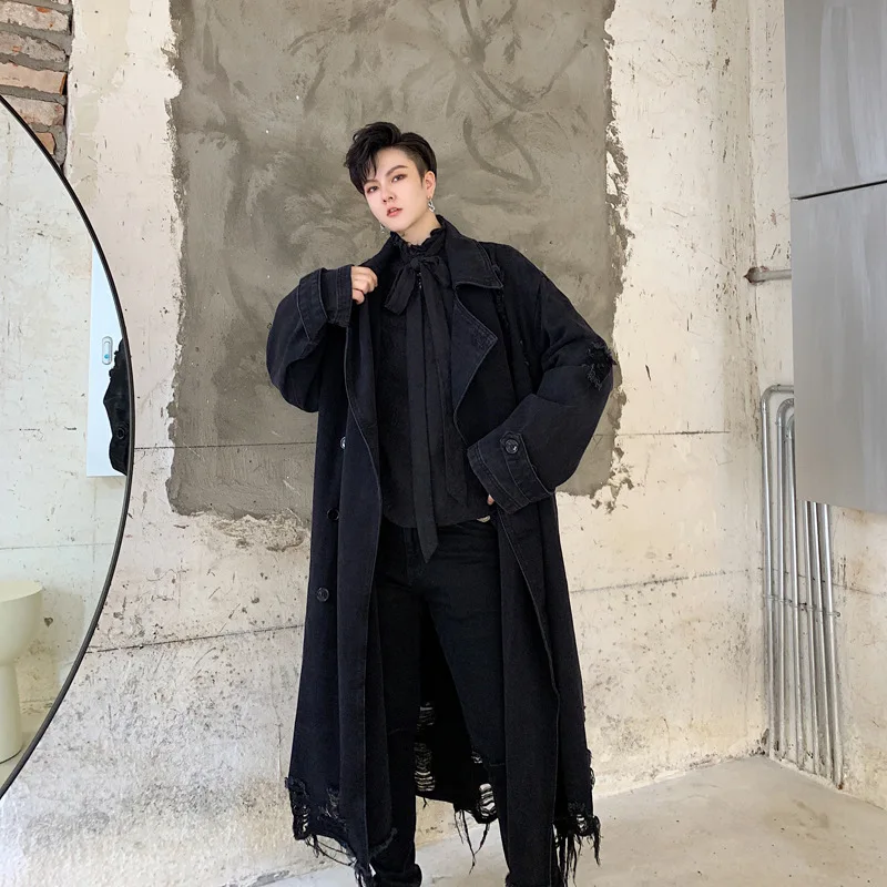 Тренчкот мужской из денима модная ветровка с длинным рукавом Свободное длинное