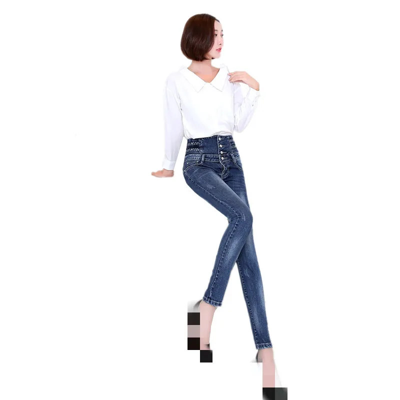 Женские облегающие джинсы B1907 недорогие с высокой талией в Корейском стиле