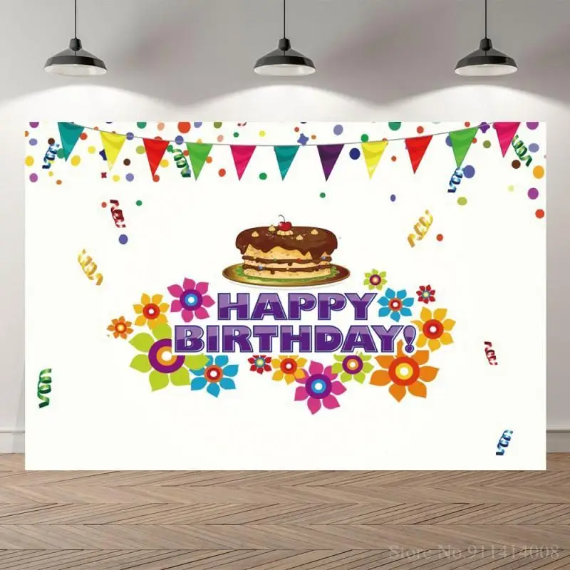

Chocolate Cake Decoration Happy Birthday Photo Background Table Decor Colorful Flowers Flags White Kids Party Backdrop Poster