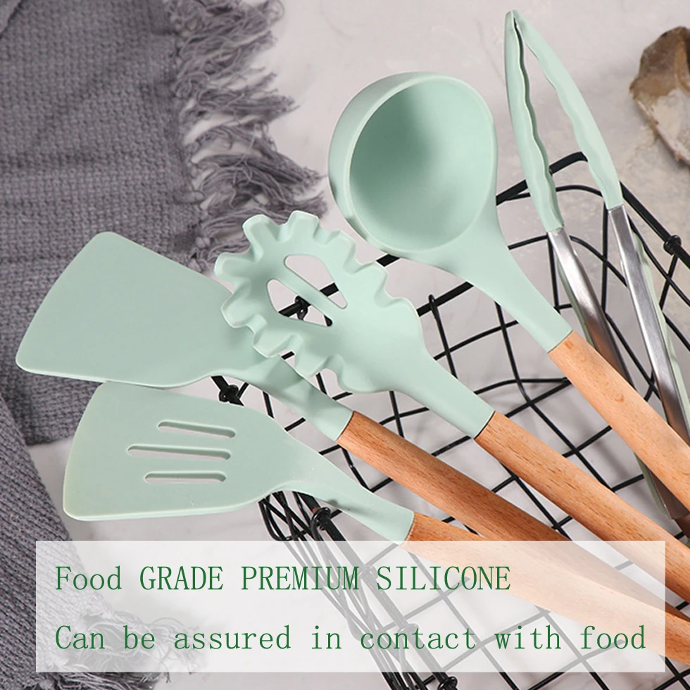 

Kitchen Utensils Silicone Spatula Tongs Soup Spoon Non-stick Shovel Wooden Handle Kitchenware Cooking Kitchen Tool
