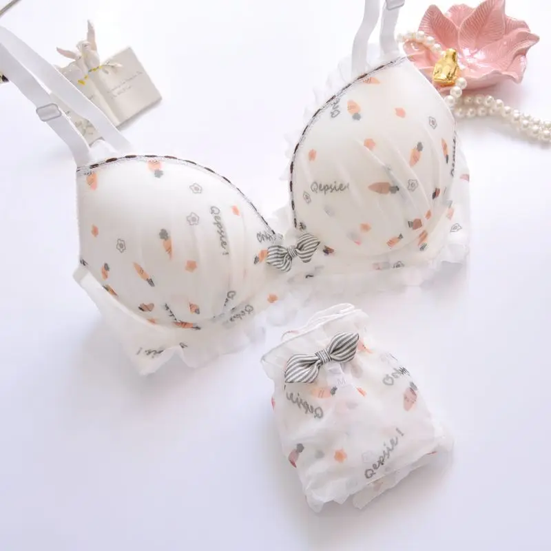 Plus Size Kawaii Push Up Bra Sets Girl Cute Bow Floral Bra Summer Dot Small Fresh Comfortable Underwear ABCD Cup