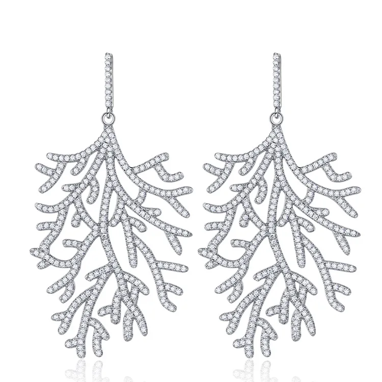 

S925 Fine Silver Palace Retro Zircon Feather Earrings Branch Unique High-End Earrings