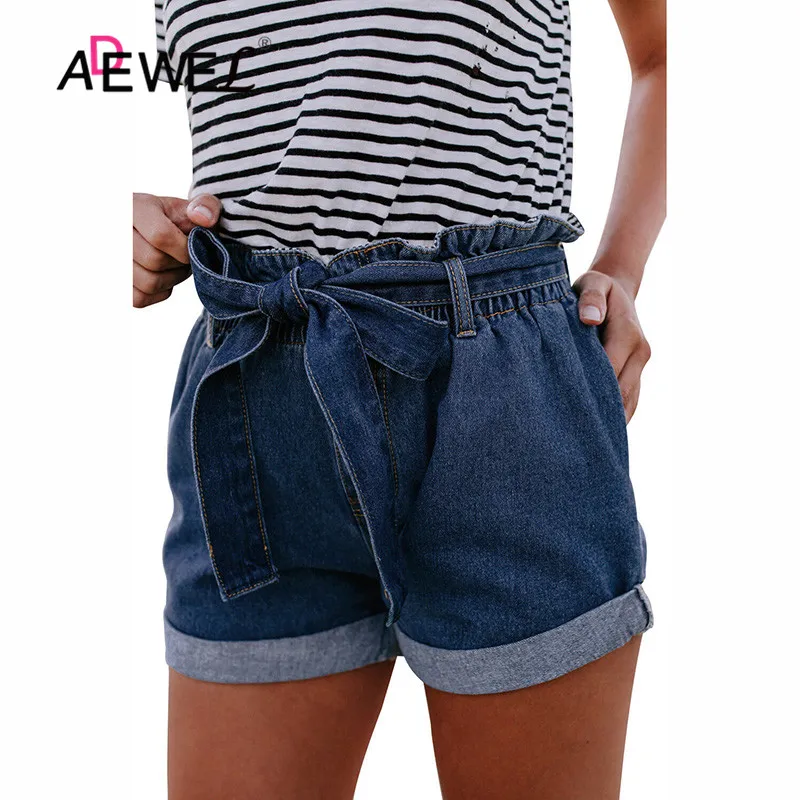 ADEWEL Women Casual Loose Ladies Fashion Roll Up Hem Elastic Waist Pocket Blue White Jeans Female Summer High Denim Shorts | Женская