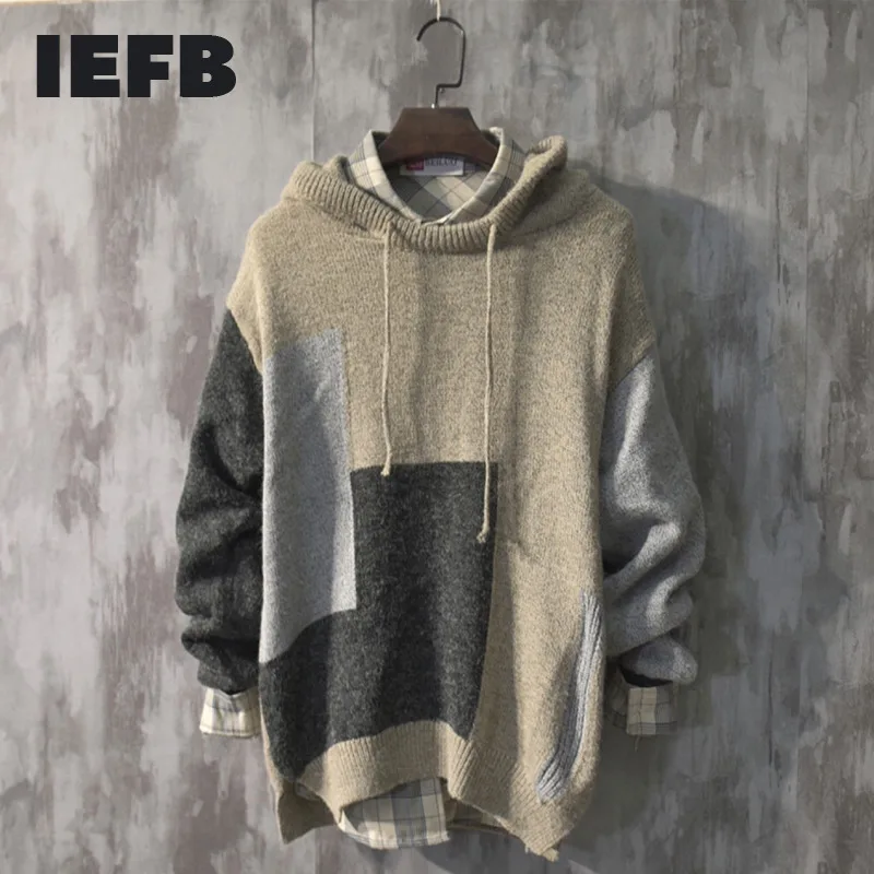 

IEFB /men's wear autumn witner fashion color block patchwork sweater loose fitknitted tops male hooded new 9Y3366