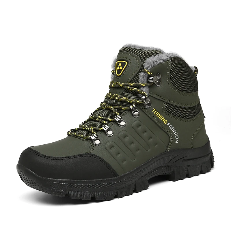 

2021 New Winter Men Snow Boots Fashion Leather Fur Plush Warm Waterproof Ankle Boots Outdoor Non Slip Hiking Boots Big Size