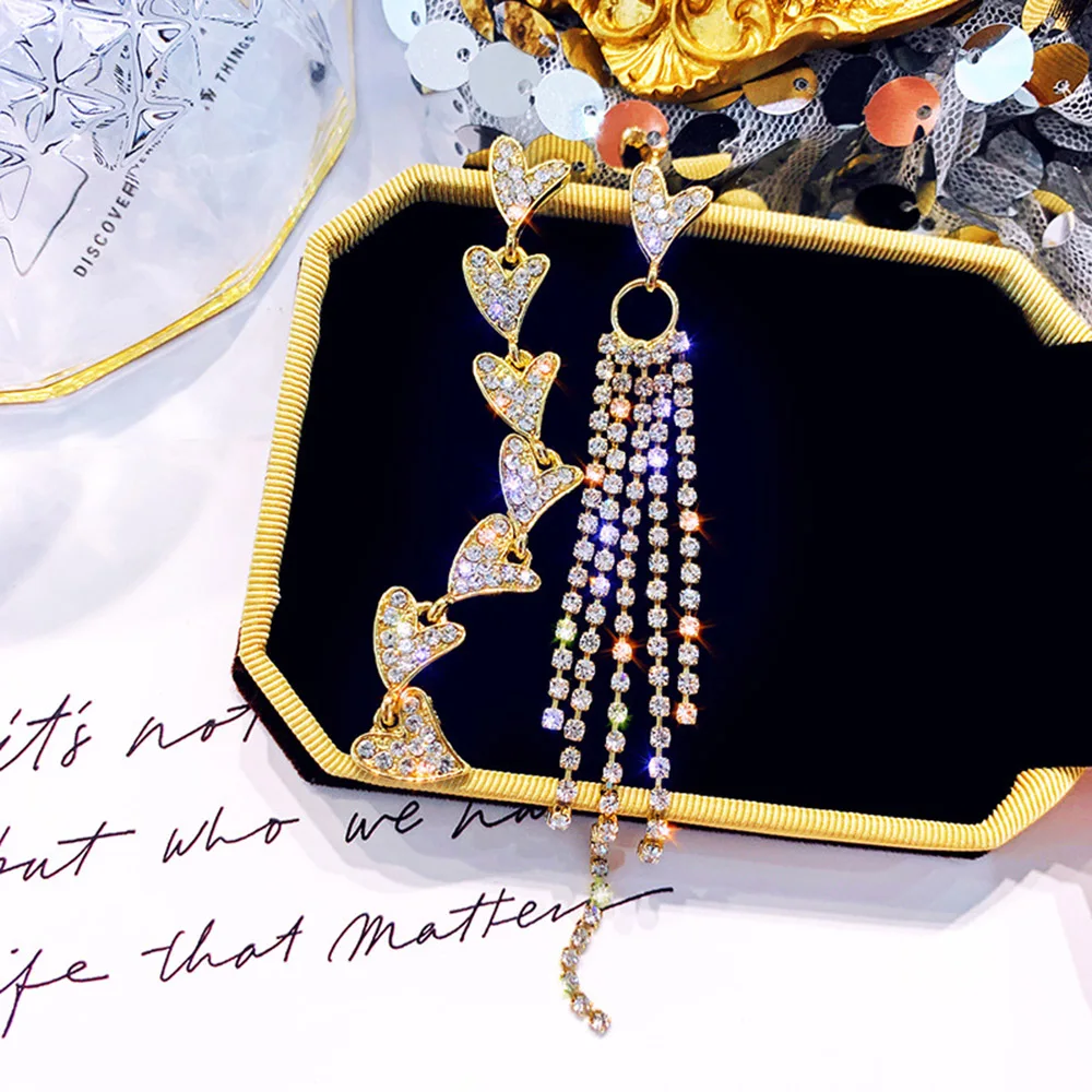 Женские Модные Асимметричные Стразы в форме сердца висячие серьги для девочек
