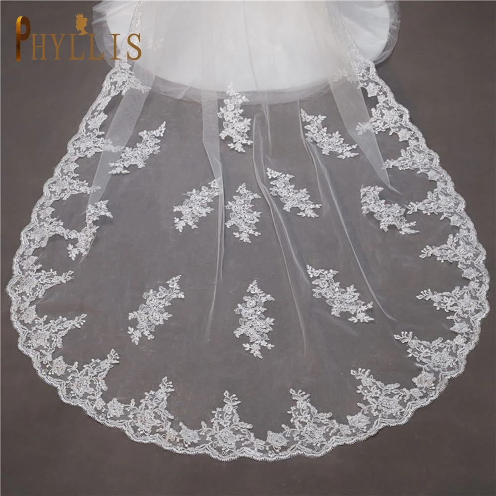 

PHYLLIS B41 Real Photo 3m Two Layer Wedding Veil With Metal Comb Applique Cathedral Wedding Bride Veil with Lace Edge