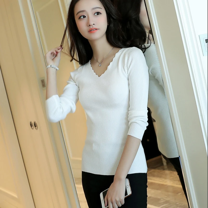 Pullovers Women V-Neck Simple All-match Basic Top Pullover Womens Solid Jumper Slim Long Sleeve Knitted High Quality Elasticity | Женская