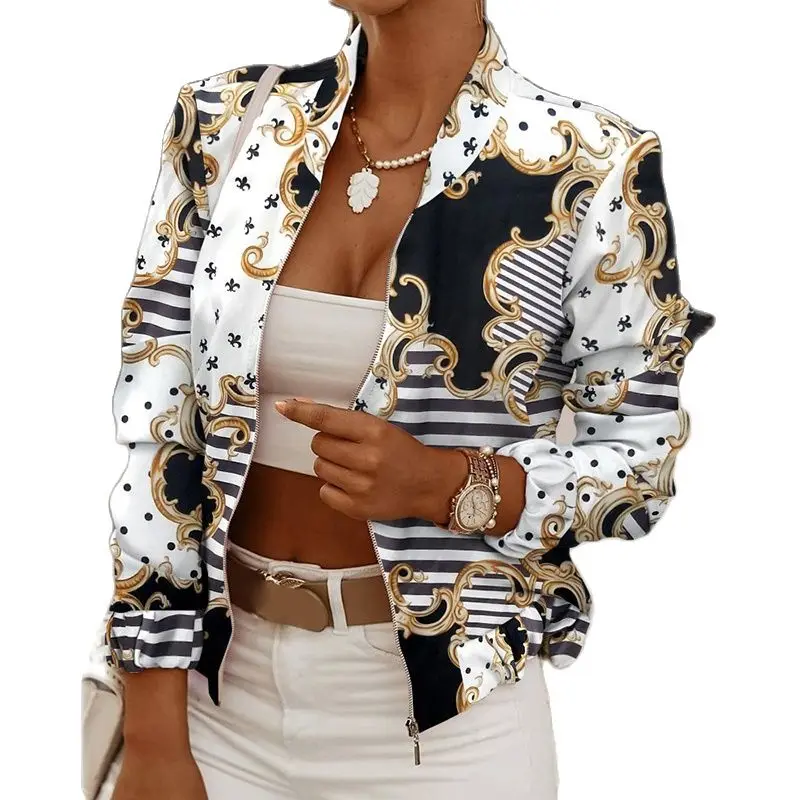 

2021Spring Autumn Women Thin Jackets Tops Vintage Print Long Sleeve Coat Casual Outerwear Short Woman