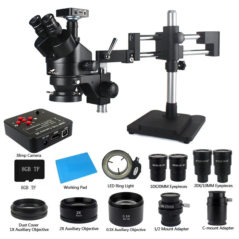 

Full HD Trinocular Stereo Microscope 180X Magnification, 2X/0.5X Objective Double Arm Boom Stand Includes 38MP 2K HDMI Camera