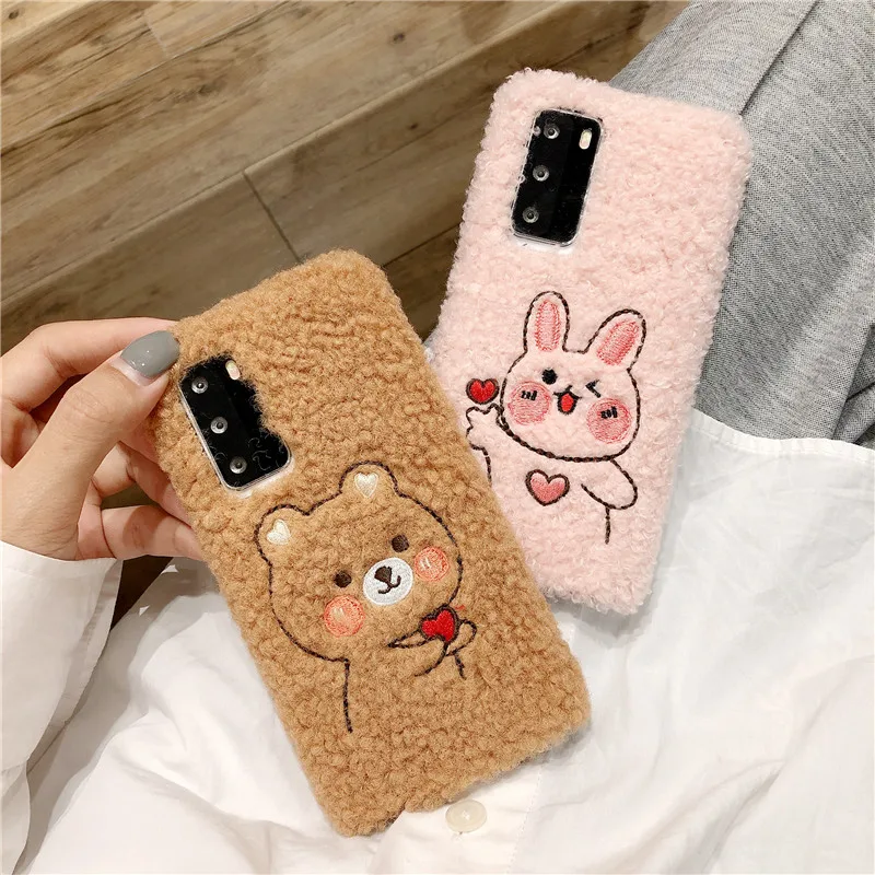 For Samsung Galaxy S21 Plus S30 Ultra S20 FE Note 20 A02S A42 A51 A71 A50 A70 A30S A21S Cute Rabbit Bear Plush Protection Case