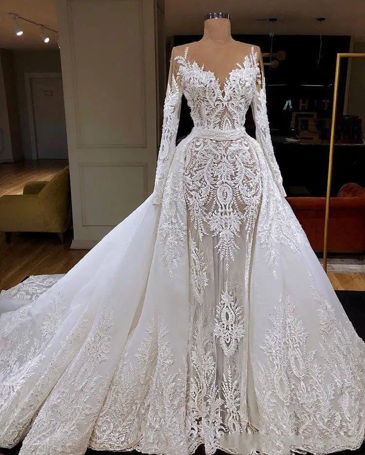 Vestido De Noiva 2020 Long Sleeve Mermaid Wedding Dress With Detachable Train Luxury Dubai Sheath Lace Appliqued Bridal Gown