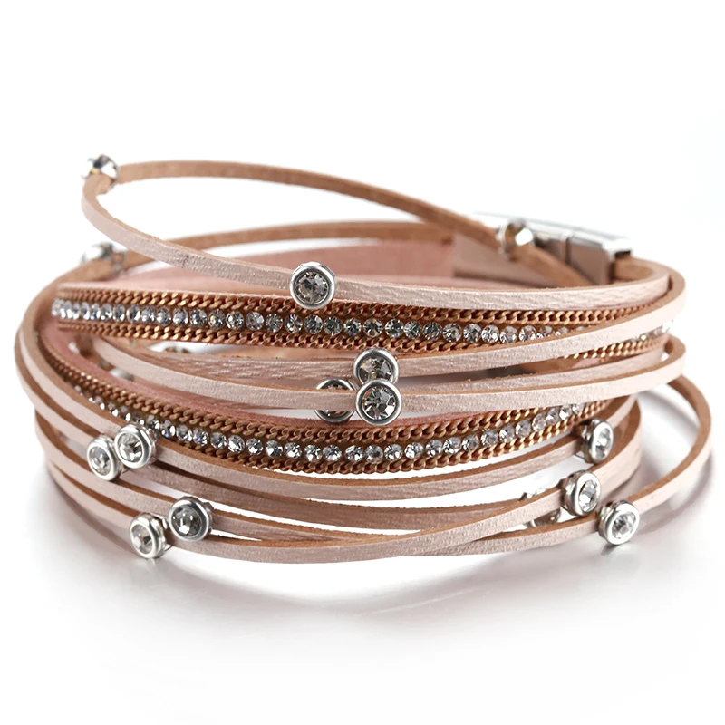Amorcome Leather Wrap Bracelets for Women Rhinestone Metal Studs Cuff Bracelet with Magnetic Buckle Bohemian Wristbands | Отзывы и видеообзор -1005003070335023