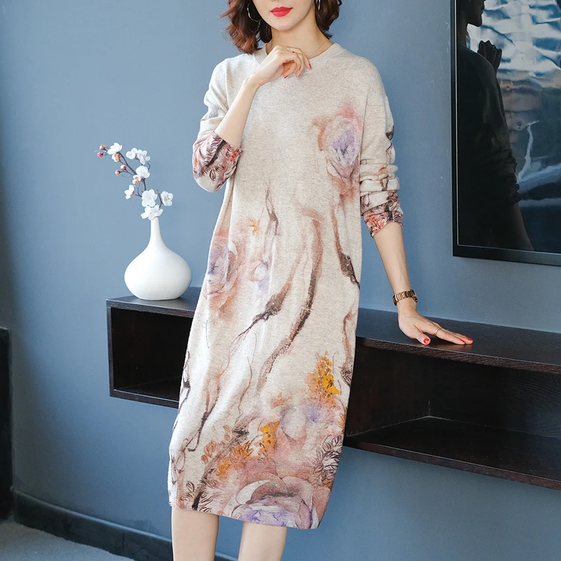 Женское винтажное вязаное платье-свитер свободное трикотажное с круглым вырезом